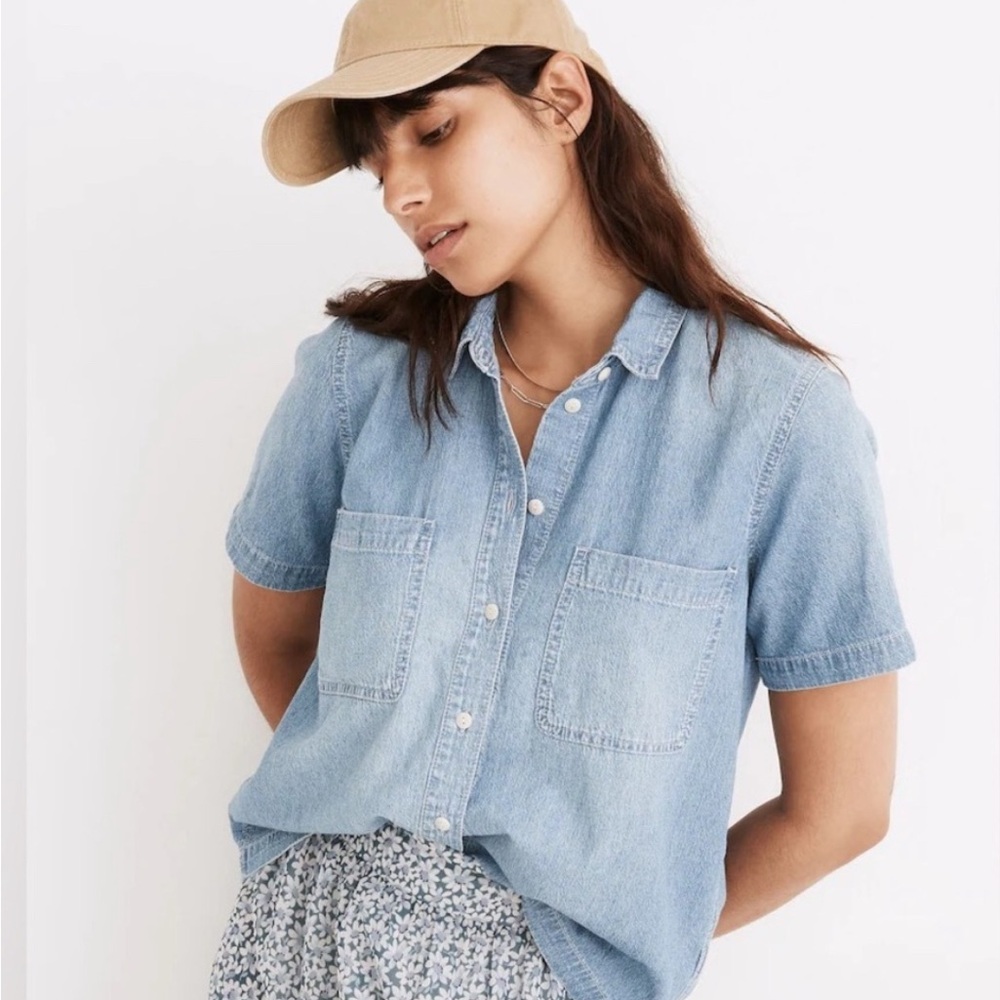 Madewell Women’s Denim Short Sleeve Button Down Shirt, SzM